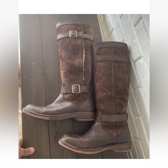 EUC UGG Dunwich Brown Leather Boots Buckle Hook Loop Knee High Winter Boots Sz 8 - Picture 5 of 10